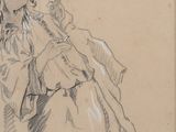 dessin représentant une femme portant un chapeau et un manteau, tenant un sac