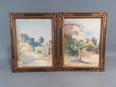 une paire de tableaux représentant une scène de village