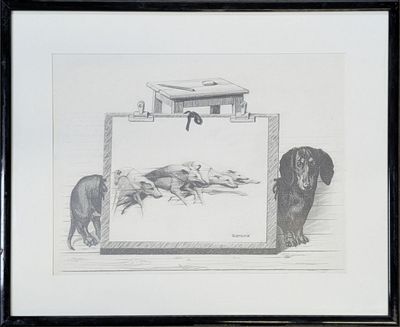 a drawing of a dachshund and other dogs running
