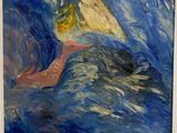un tableau représentant une femme en robe bleue, dans un cadre blanc