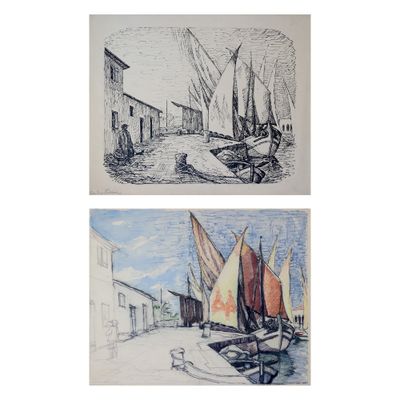 trois dessins représentant des bateaux dans un port, avec des bâtiments en arrière-plan