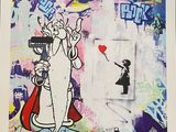 painting of a woman with a gun and a girl with a red balloon