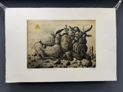 une image représentant un dessin d'un taureau avec un oiseau sur le dos