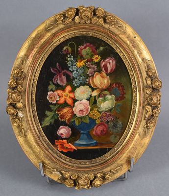 painting of flowers in a blue vase on a gold stand