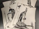 trois dessins représentant un homme et une femme sur un échiquier