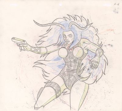dessin représentant une femme tenant un pistolet à la main sur une feuille de papier