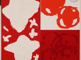 an image of a red and white painting on a wooden table