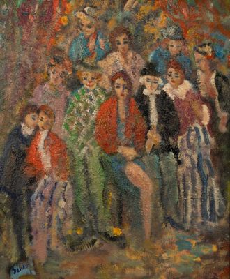 une peinture à l'huile représentant un groupe de personnes assises sur un banc