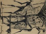 an image of a drawing of a woman on a fence with a dog