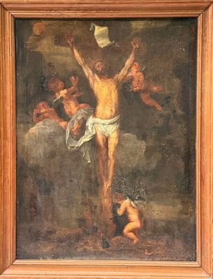 une peinture à l'huile représentant Jésus sur la croix, entouré d'anges et de colombes