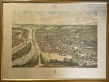 painting of a view of a city with a river running through it