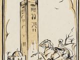une image représentant un dessin en noir et blanc d'une tour horloge