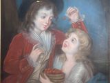 painting of a boy and a girl eating strawberries in front of a blue background