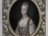 an old painting of a woman in a blue dress with flowers on it