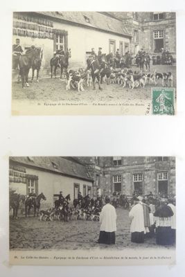 deux vieilles photos en noir et blanc représentant des personnes et des chevaux devant un bâtiment