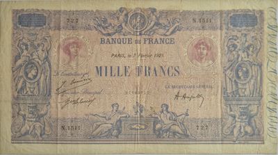 1000 francs bleu et rose 7/2/1921 ,TTB