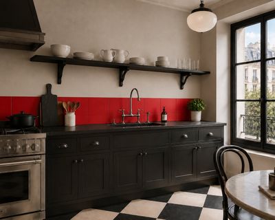 un sol à carreaux noirs et blancs dans une cuisine