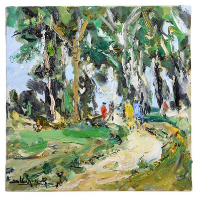 un tableau représentant des personnes marchant sur un sentier dans les bois