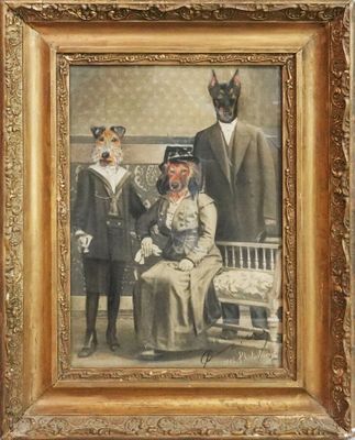 tableau représentant un portrait de famille avec un chien en costume et un chien coiffé d'un chapeau