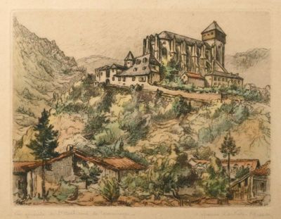 drawing of a castle on top of a hill with a mountain in the background