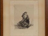 an old drawing of a woman sitting on the ground with her legs crossed
