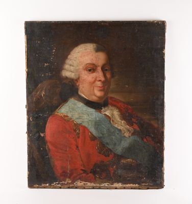 un vieux tableau représentant un homme vêtu d'un manteau rouge et d'une écharpe bleue