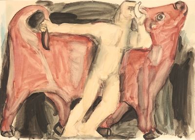a painting of a man standing next to two cows