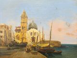 a painting of a city by the water with a clock tower