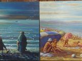 trois tableaux représentant des personnes à la plage avec des parasols