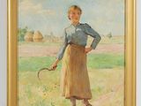 an oil painting of a woman holding a tennis racket in a field