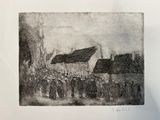 drawing of a group of people standing in front of a building