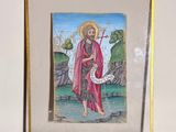 painting of a man in a red robe standing next to a body of water with a cross on it