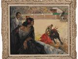 une image représentant une peinture d'une scène de corrida avec un taureau au premier plan