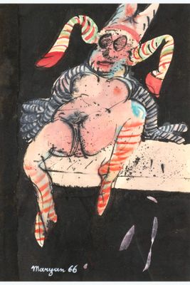 painting of a clown sitting on a ledge with a knife in his hand