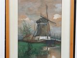 painting of a windmill in a field next to a body of water