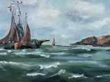 a painting of a sailboat in the water near a lighthouse
