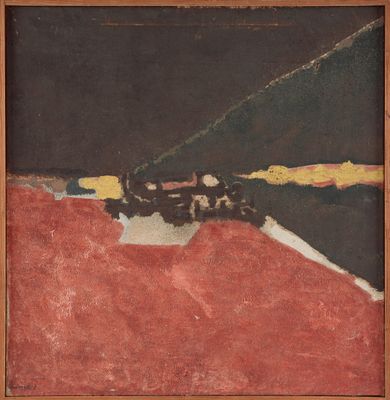 un tableau représentant un paysage noir et rouge avec des montagnes en arrière-plan