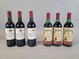 six bottles of red wine are lined up on a table