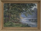 tableau représentant une scène fluviale avec des arbres et un bateau sur l'eau