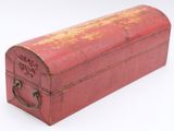 an old red suitcase with a handle on a white background