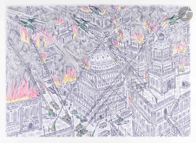 dessin représentant une ville avec un incendie en son centre