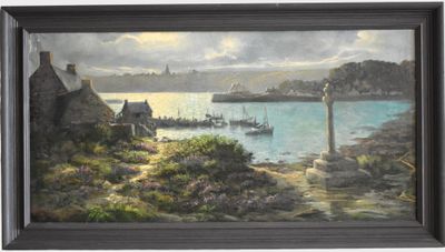 painting of a view of a harbor with boats and a lighthouse in the distance