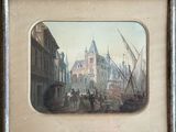 painting of a city street with a clock tower in the background