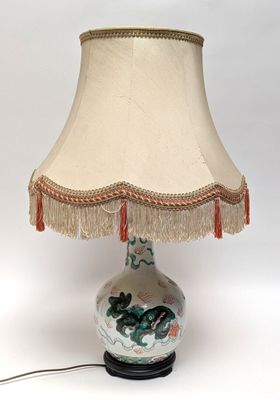 a lamp that is sitting on a table with a lamp shade on it