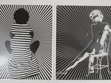 two black and white pictures of a woman sitting in a chair