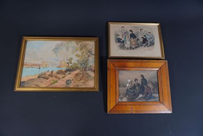 two framed pictures of people sitting on a bench in front of a painting