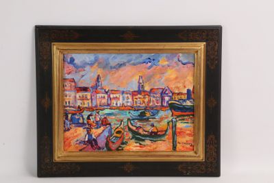 une peinture à l'huile représentant des bateaux dans un port avec des bâtiments à l'arrière-plan