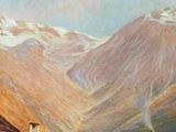 a painting of a mountain scene with a man and a woman