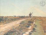 tableau représentant un moulin à vent dans un champ, avec un chemin de terre au premier plan
