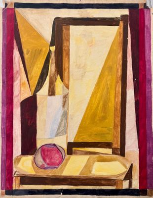 une image représentant un tableau sur lequel figurent un vase et un fruit posés sur une table